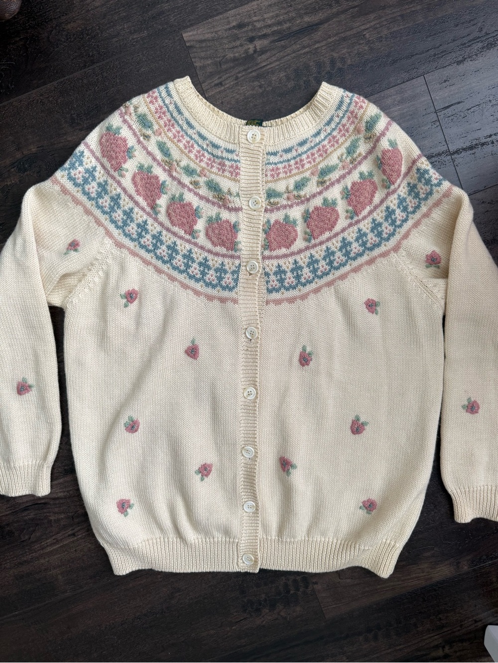 Vintage Charter Club 100% Wool Rose Fair Isle Cardigan Floral Sweater L - Picture 3 of 12